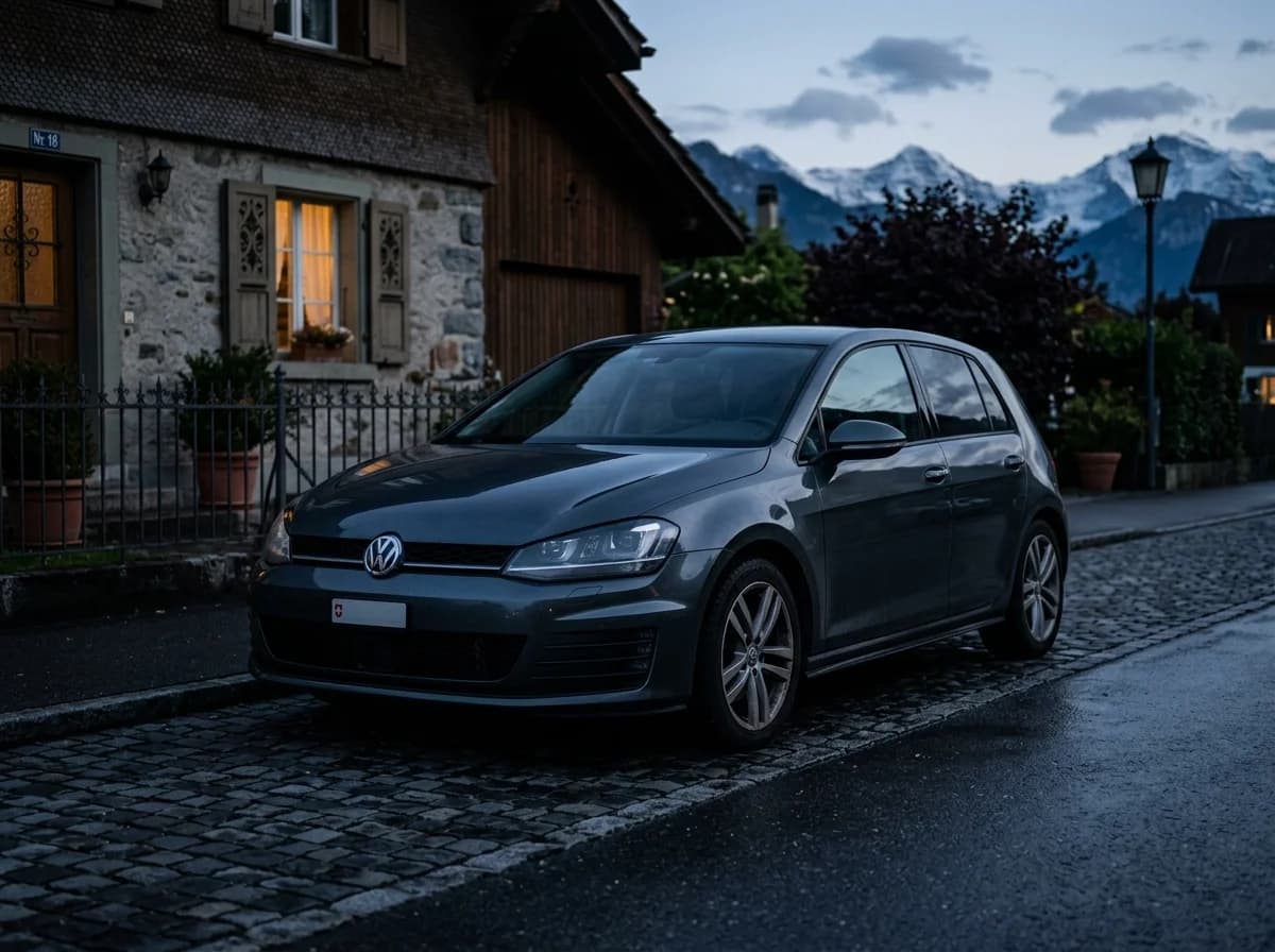 VW Golf 7 am Strassenrand in einem Schweizer Dorf am Abend