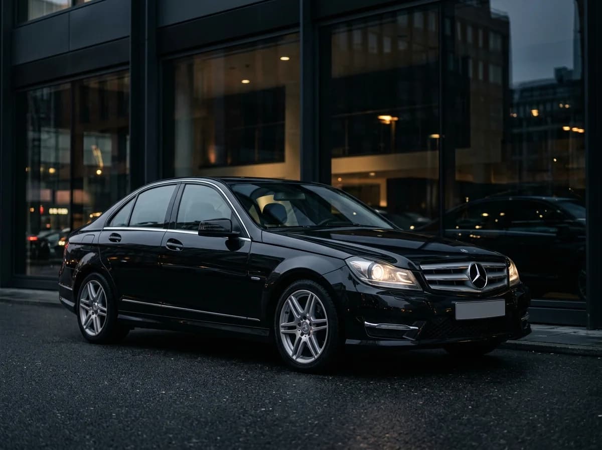 Schwarze ältere Mercedes C-Klasse vor einem Showroom