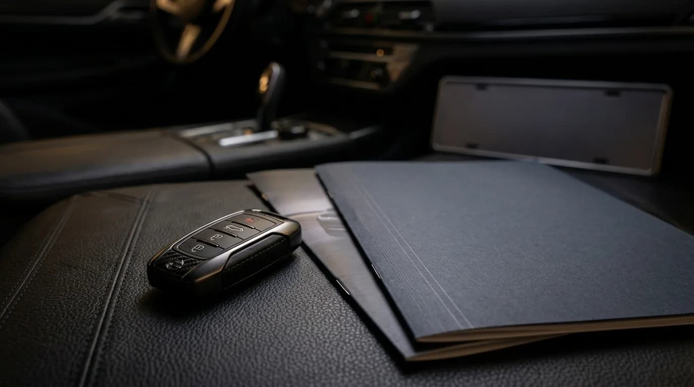 Autoschlüssel auf dunklem Leder neben Verkaufsunterlagen