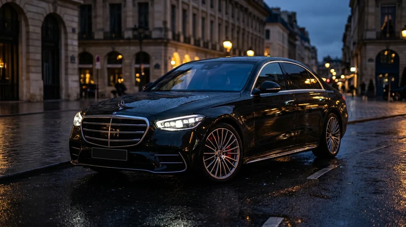Schwarze Mercedes-Benz S-Klasse bei Dämmerung auf nasser Strasse
